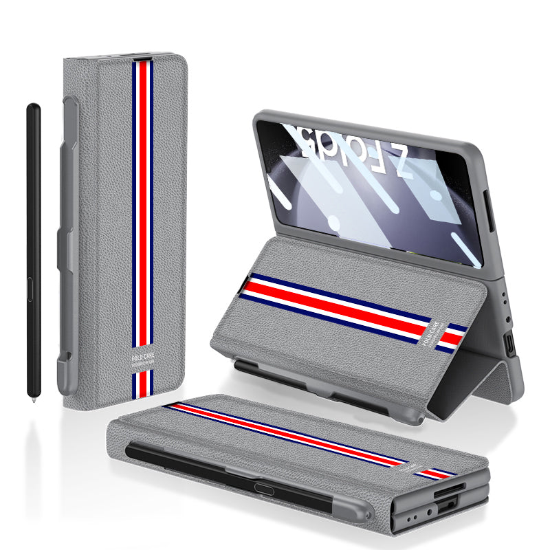 GKK PU PC Case Stand for Samsung Galaxy Z Fold5 5G Tri-Color Printing Phone Cover with Pen Slot Tempered Glass Film