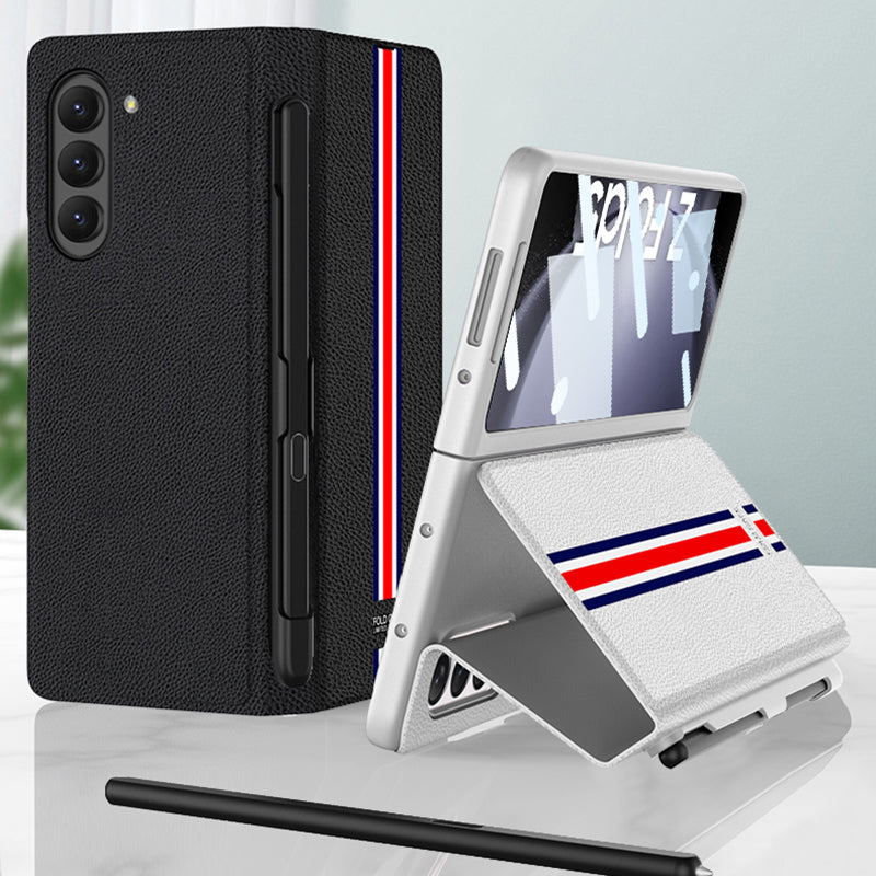 GKK PU PC Case Stand for Samsung Galaxy Z Fold5 5G Tri-Color Printing Phone Cover with Pen Slot Tempered Glass Film