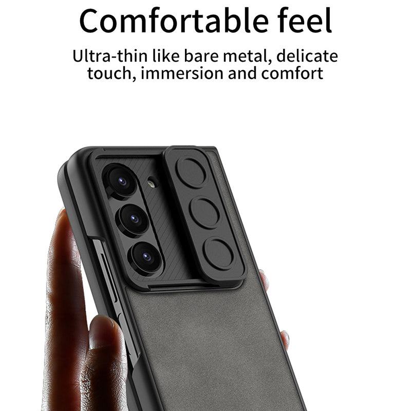 GKK Camera Slider Matte Phone Case For Samsung Galaxy Z Fold5 5G PU Leather Coated PC Phone Cover with Tempered Glass Film