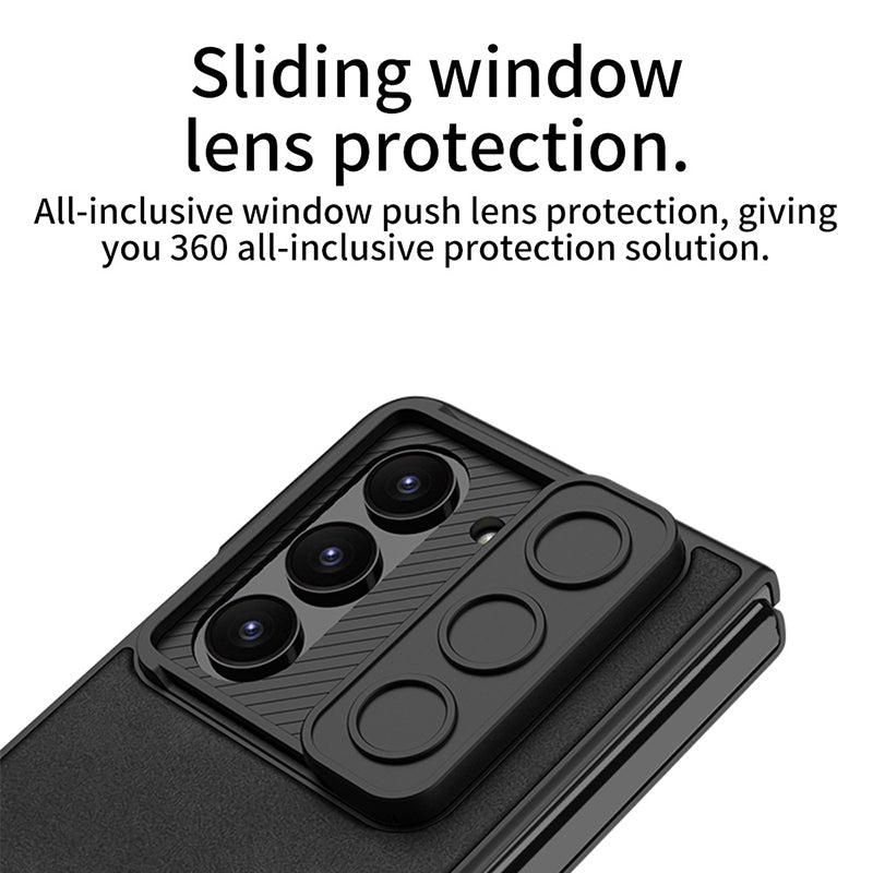 GKK Camera Slider Matte Phone Case For Samsung Galaxy Z Fold5 5G PU Leather Coated PC Phone Cover with Tempered Glass Film