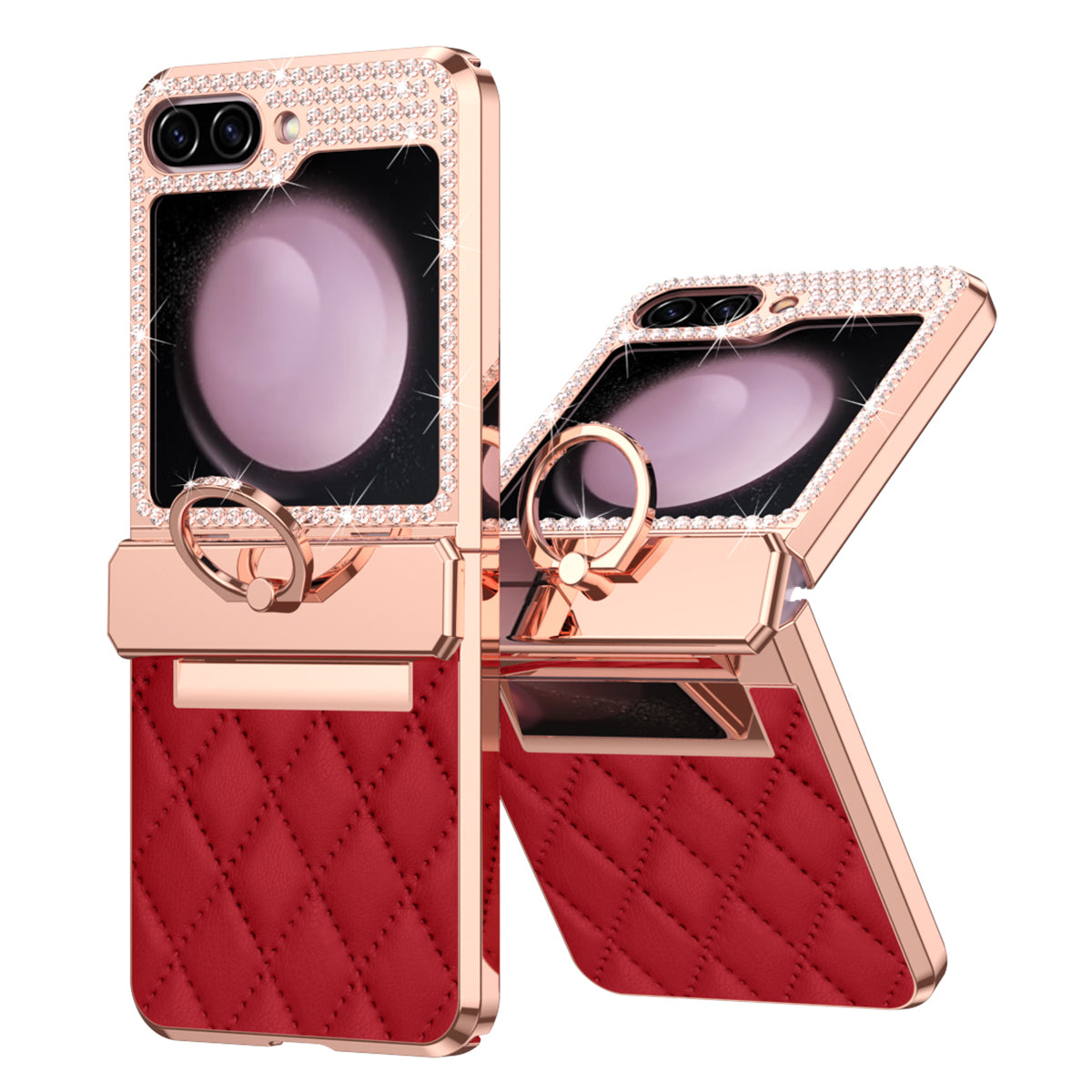 For Samsung Galaxy Z Flip5 5G Imprinted PU PC Phone Case Rhinestone Decorated Ring Kickstand Phone Cover