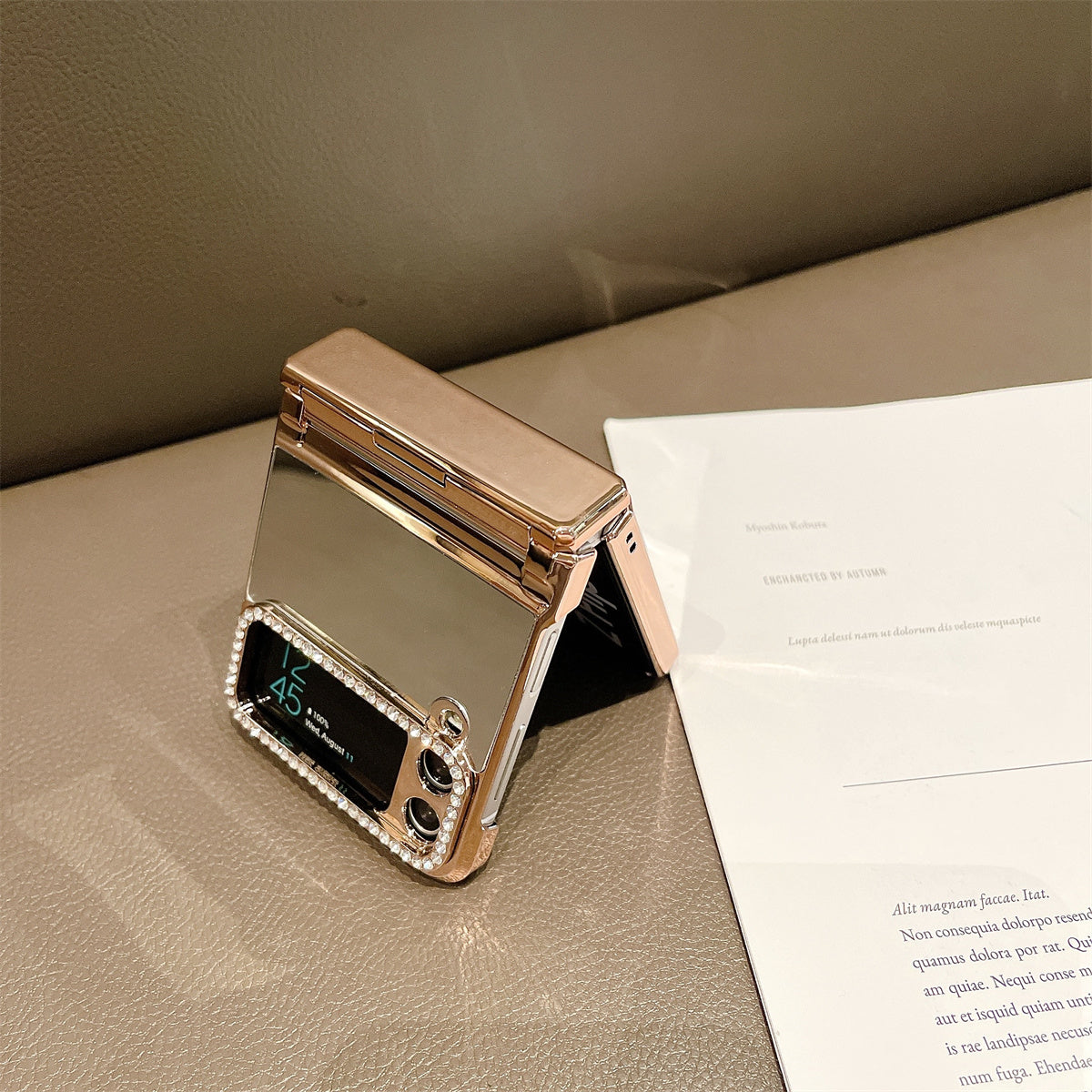 For Samsung Galaxy Z Flip3 5G Hard PC Case Mirror Surface Shockproof Phone Cover with Rhinestone Decorated Lens Frame