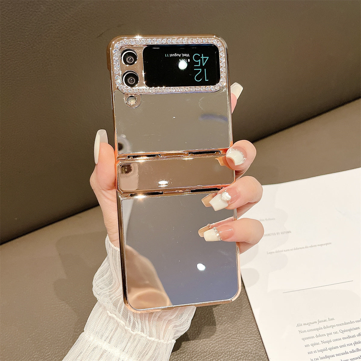 For Samsung Galaxy Z Flip4 5G Shockproof Case Mirror Surface Hard PC Phone Cover Lens Frame Decorated with Rhinestone