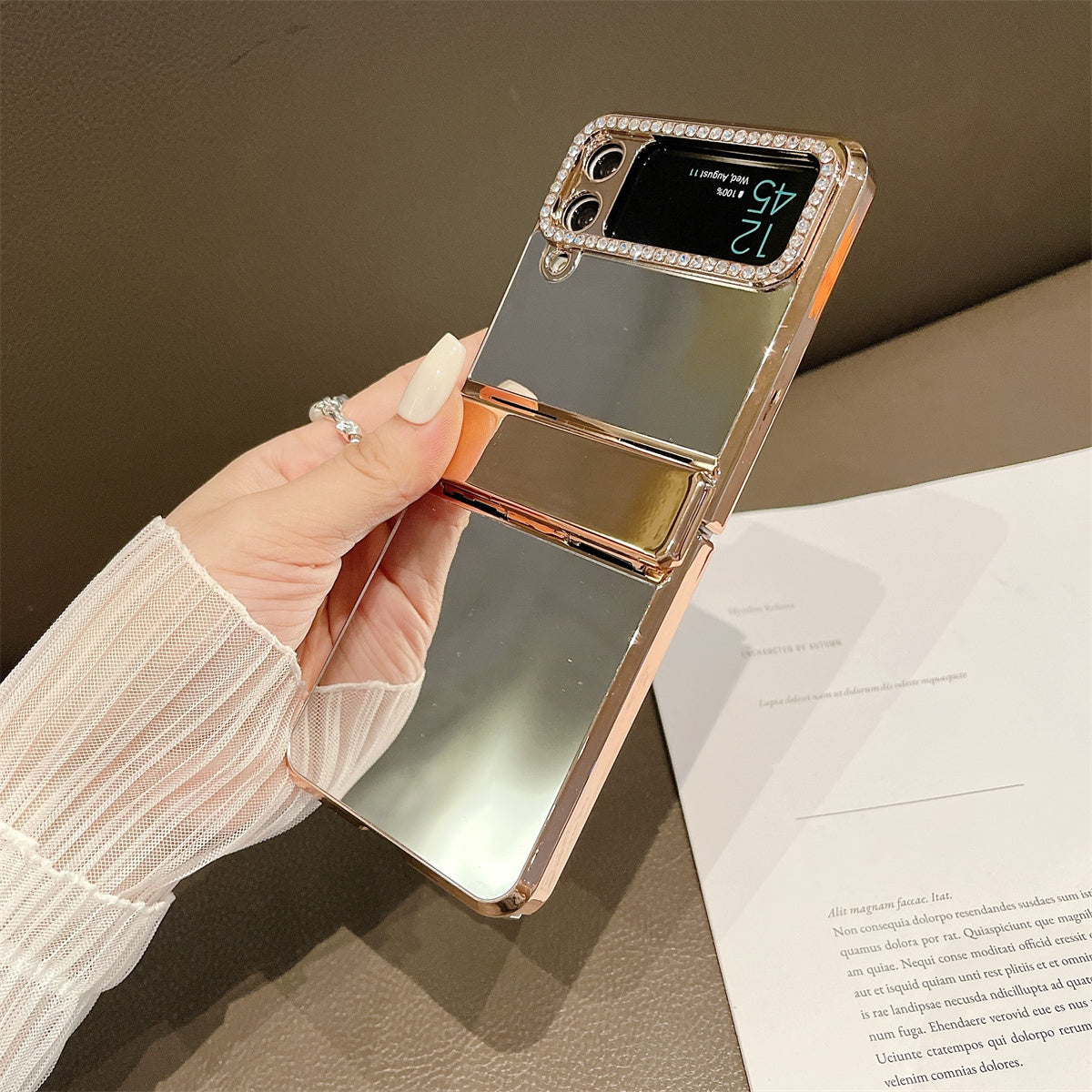 For Samsung Galaxy Z Flip4 5G Shockproof Case Mirror Surface Hard PC Phone Cover Lens Frame Decorated with Rhinestone