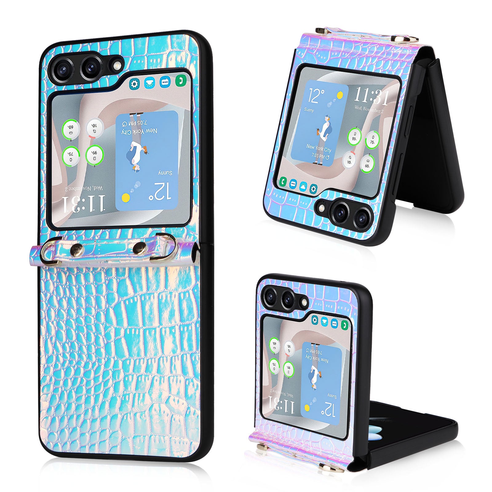 For Samsung Galaxy Z Flip5 5G Hard PC PU Phone Case Color Changing Hinge Kickstand Cover with Wrist Strap