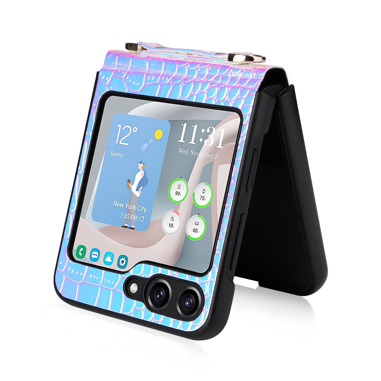 For Samsung Galaxy Z Flip5 5G Hard PC PU Phone Case Color Changing Hinge Kickstand Cover with Wrist Strap