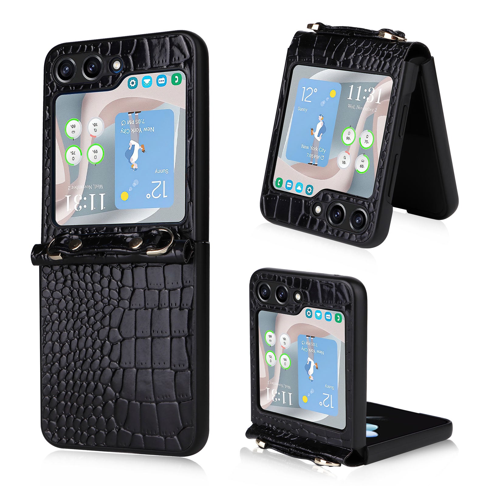 For Samsung Galaxy Z Flip5 5G Hard PC PU Phone Case Color Changing Hinge Kickstand Cover with Wrist Strap