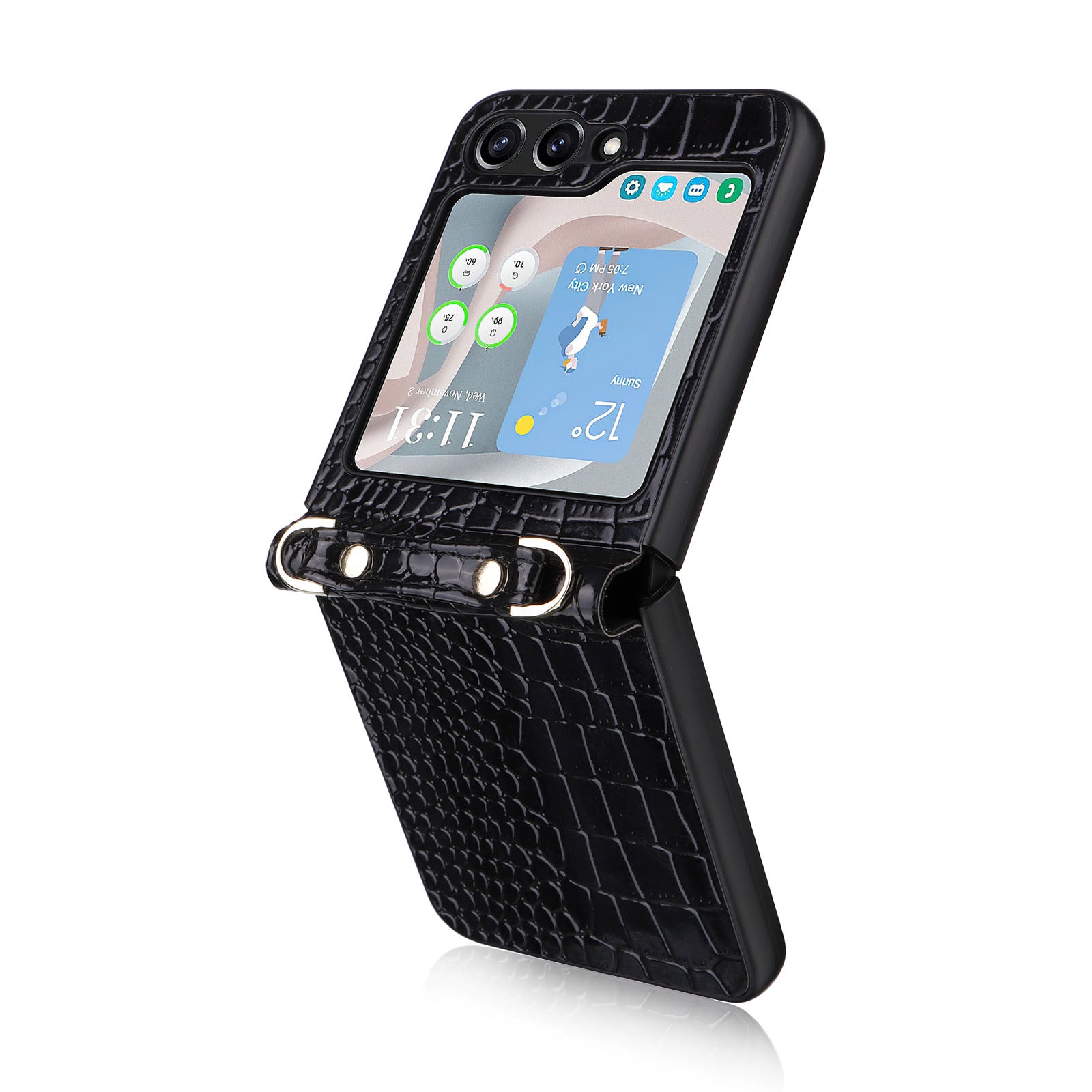 For Samsung Galaxy Z Flip5 5G Hard PC PU Phone Case Color Changing Hinge Kickstand Cover with Wrist Strap