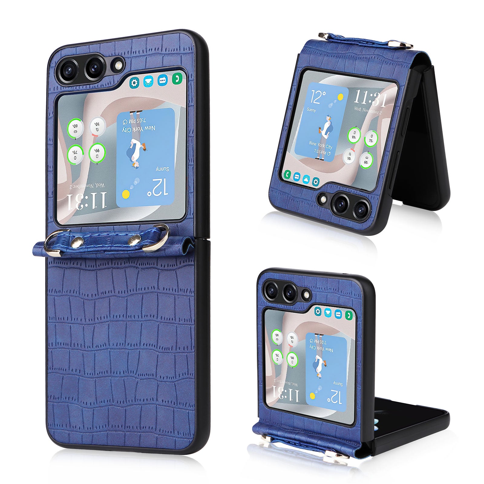 One-piece PC PU Phone Case for Samsung Galaxy Z Flip5 5G Crocodile Texture Kickstand Cover with Wrist Strap