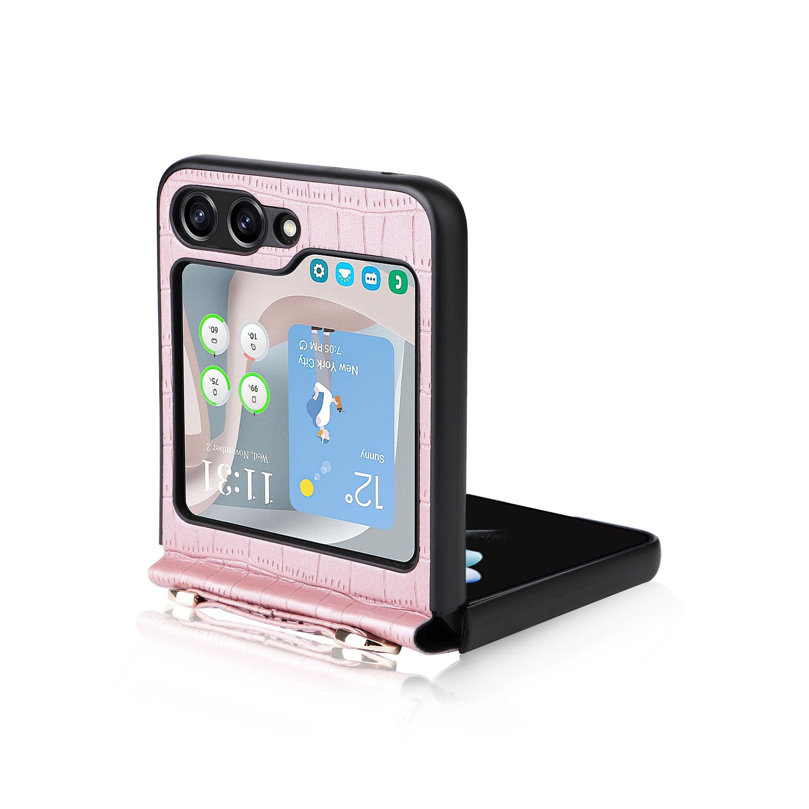 One-piece PC PU Phone Case for Samsung Galaxy Z Flip5 5G Crocodile Texture Kickstand Cover with Wrist Strap