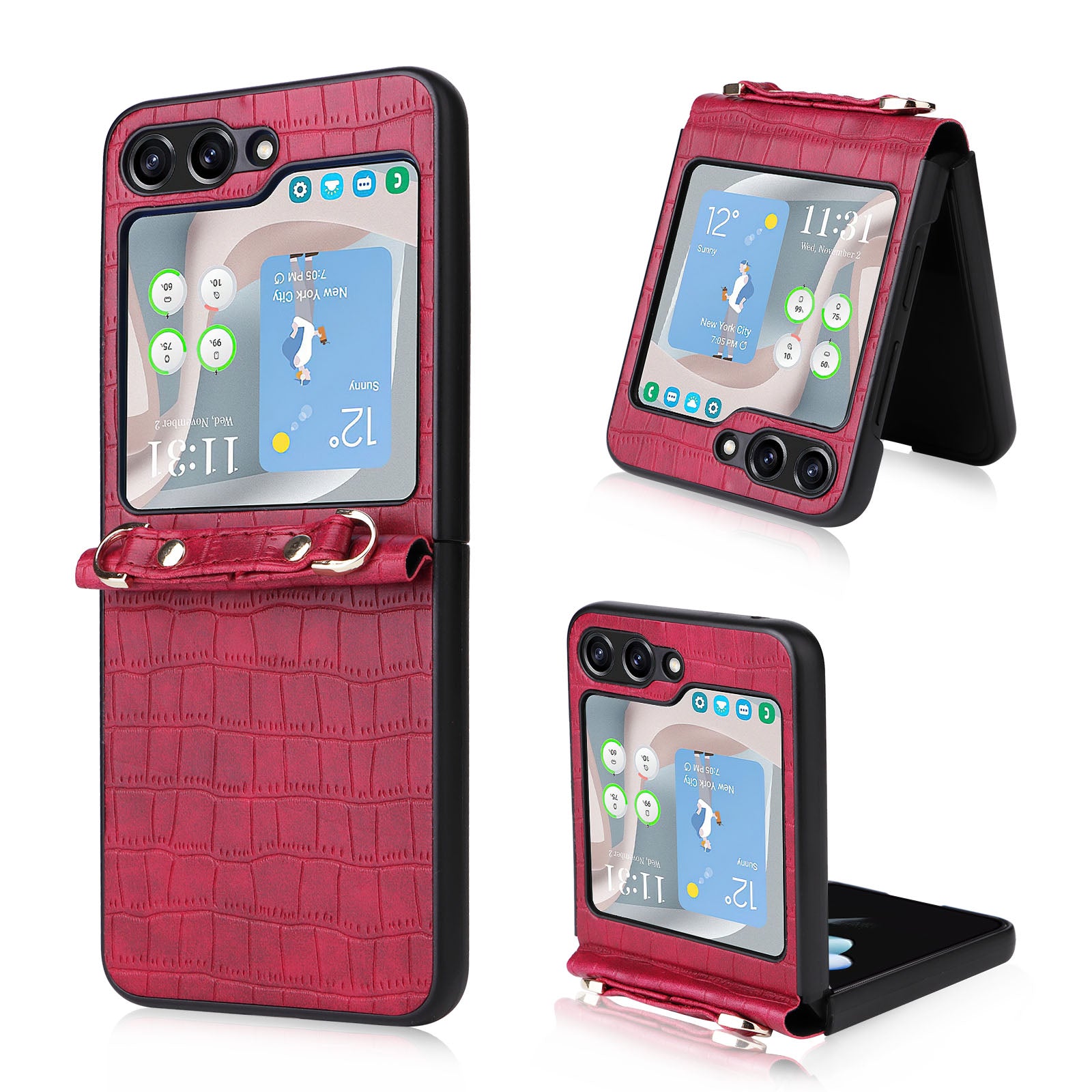 One-piece PC PU Phone Case for Samsung Galaxy Z Flip5 5G Crocodile Texture Kickstand Cover with Wrist Strap