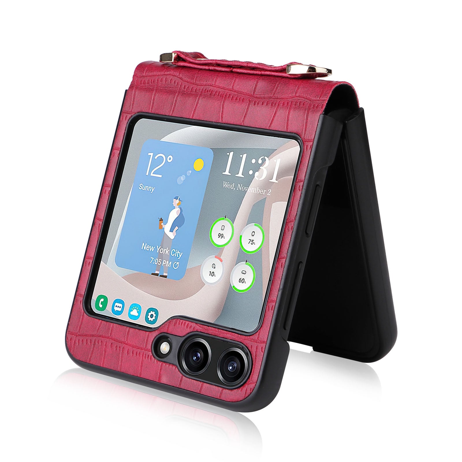 One-piece PC PU Phone Case for Samsung Galaxy Z Flip5 5G Crocodile Texture Kickstand Cover with Wrist Strap