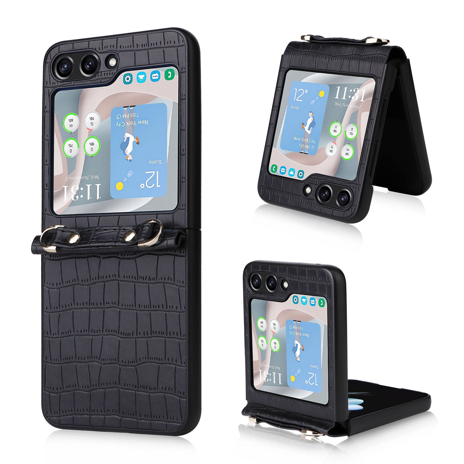 One-piece PC PU Phone Case for Samsung Galaxy Z Flip5 5G Crocodile Texture Kickstand Cover with Wrist Strap