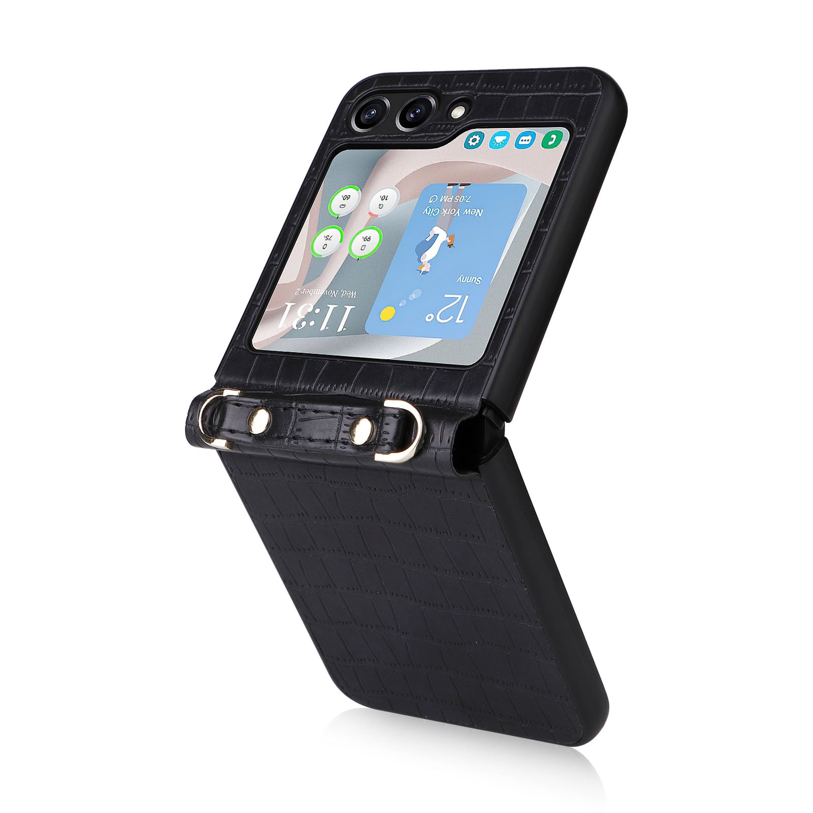 One-piece PC PU Phone Case for Samsung Galaxy Z Flip5 5G Crocodile Texture Kickstand Cover with Wrist Strap