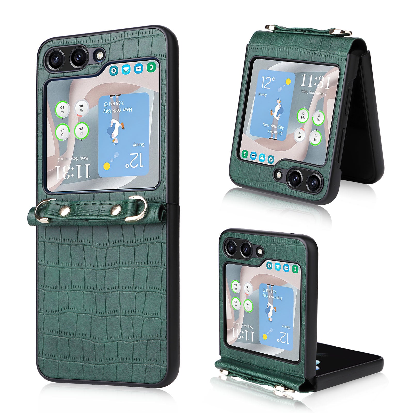 One-piece PC PU Phone Case for Samsung Galaxy Z Flip5 5G Crocodile Texture Kickstand Cover with Wrist Strap