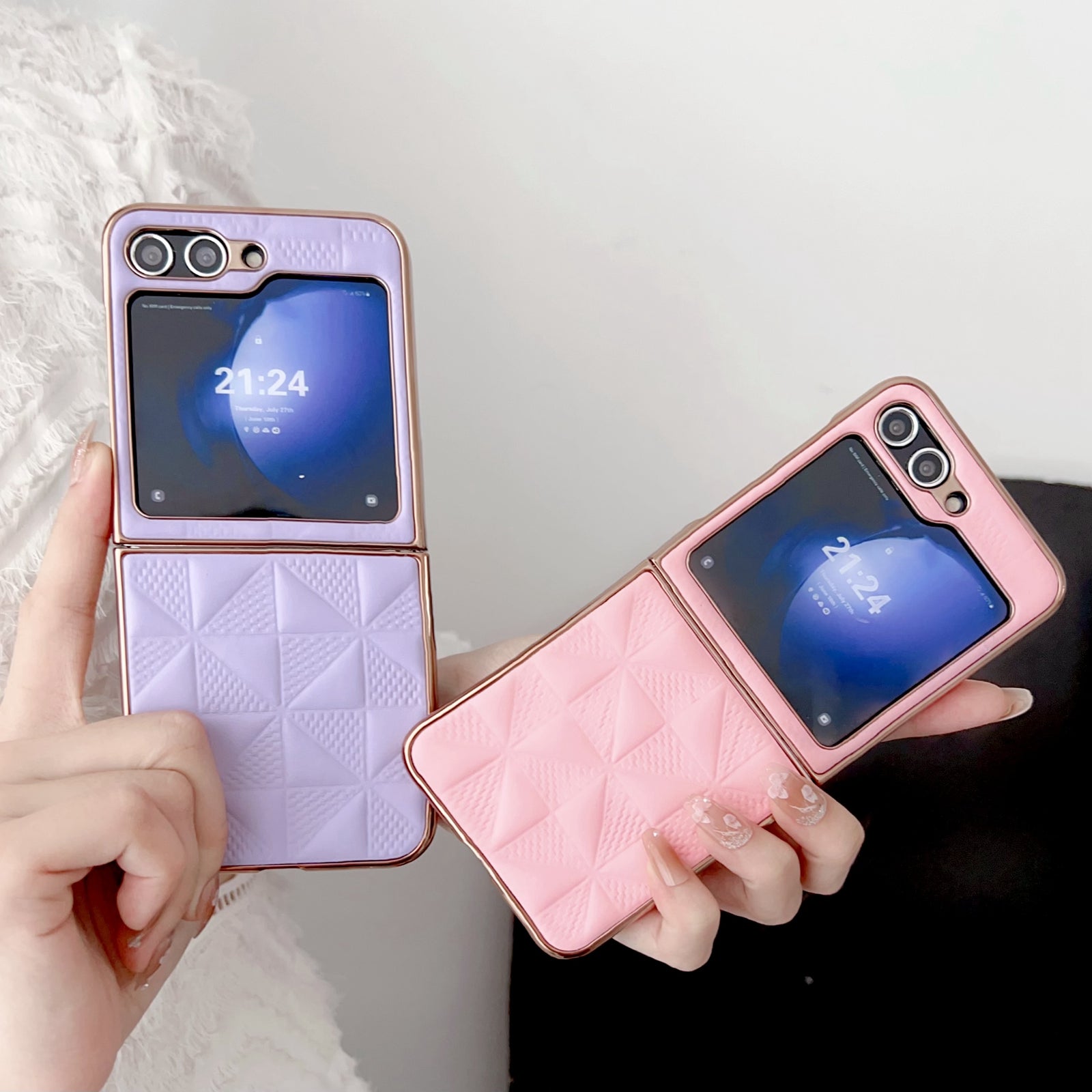 Shockproof PU PC Phone Case For Samsung Galaxy Z Flip5 5G Grid Pattern Electroplating Mobile Cover