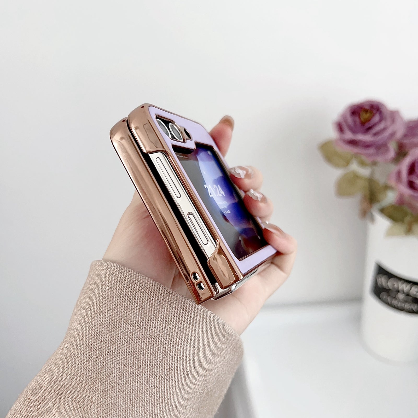 Shockproof PU PC Phone Case For Samsung Galaxy Z Flip5 5G Grid Pattern Electroplating Mobile Cover