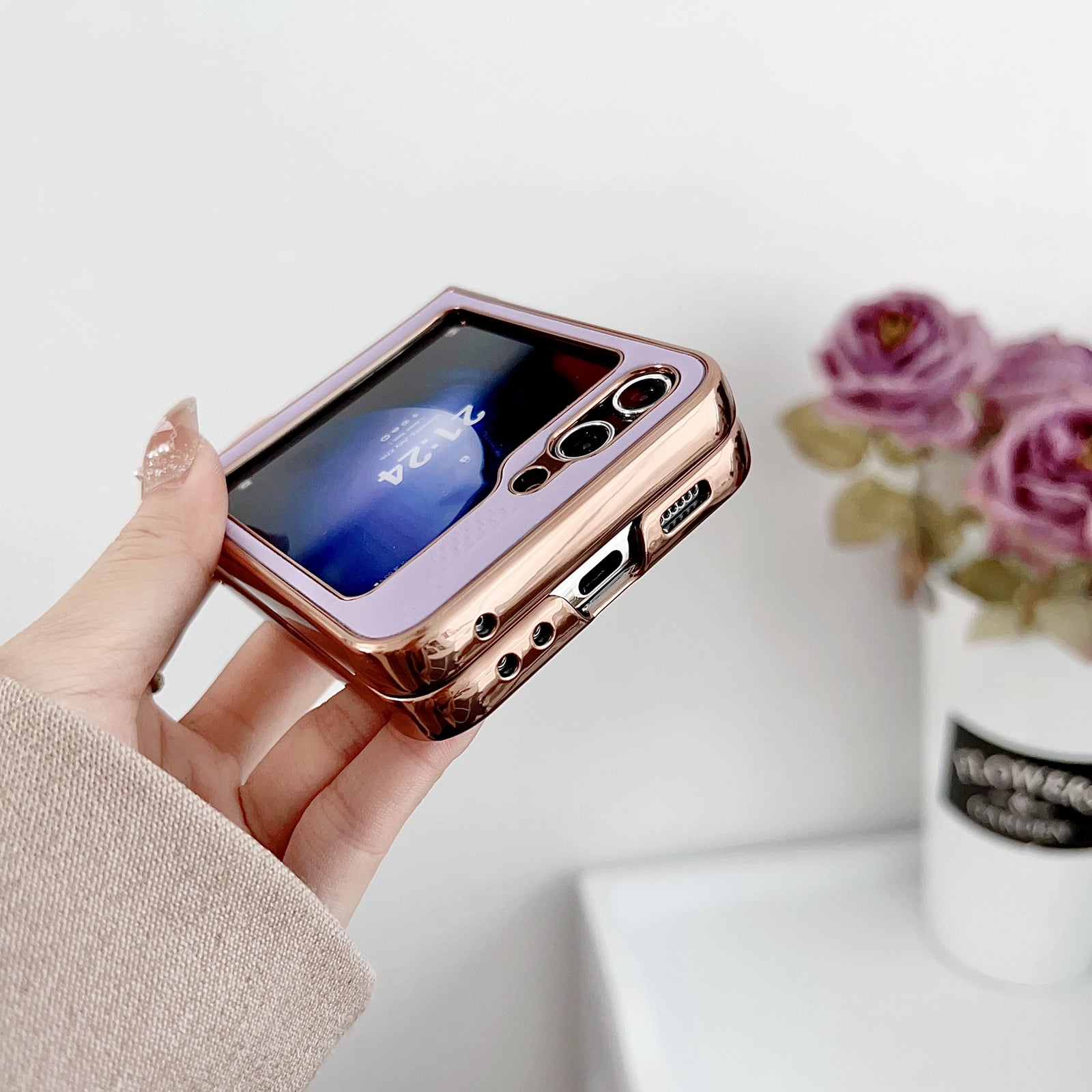 Shockproof PU PC Phone Case For Samsung Galaxy Z Flip5 5G Grid Pattern Electroplating Mobile Cover
