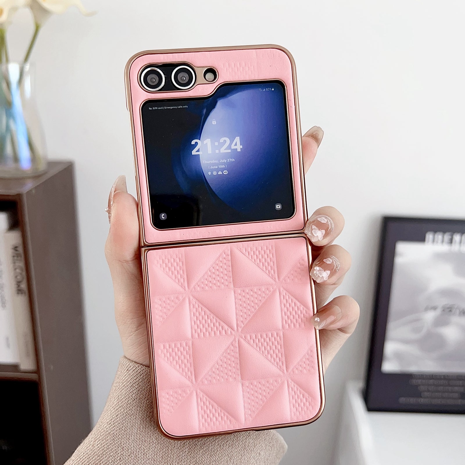 Shockproof PU PC Phone Case For Samsung Galaxy Z Flip5 5G Grid Pattern Electroplating Mobile Cover
