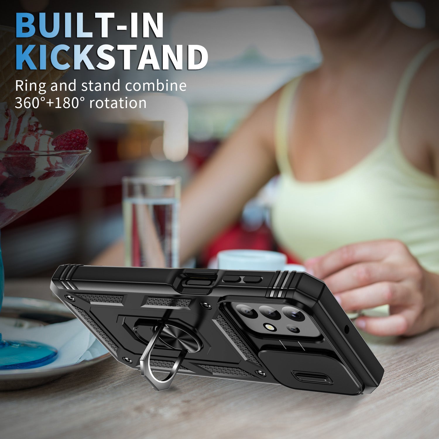 For Samsung Galaxy A23 4G 5G (Global Version) PC TPU Kickstand Case Card Holder Phone Shell with Sliding Camera Cover