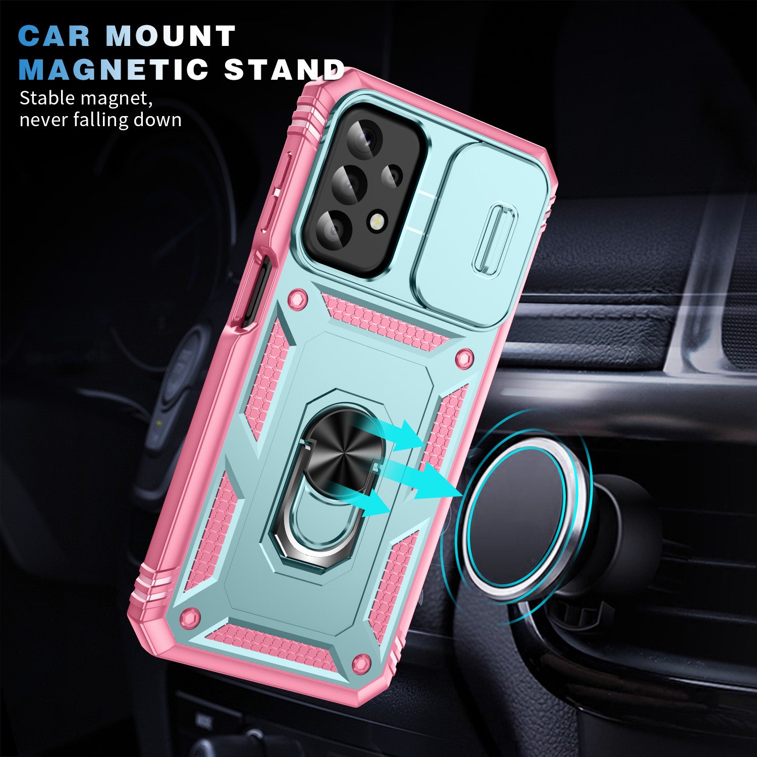 For Samsung Galaxy A23 4G 5G (Global Version) PC TPU Kickstand Case Card Holder Phone Shell with Sliding Camera Cover