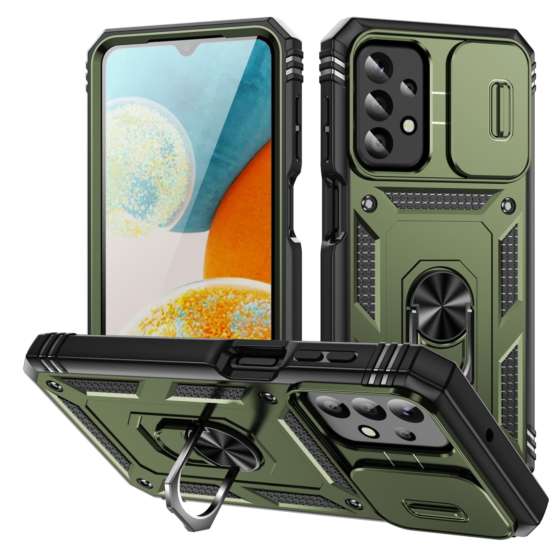 For Samsung Galaxy A23 4G 5G (Global Version) PC TPU Kickstand Case Card Holder Phone Shell with Sliding Camera Cover