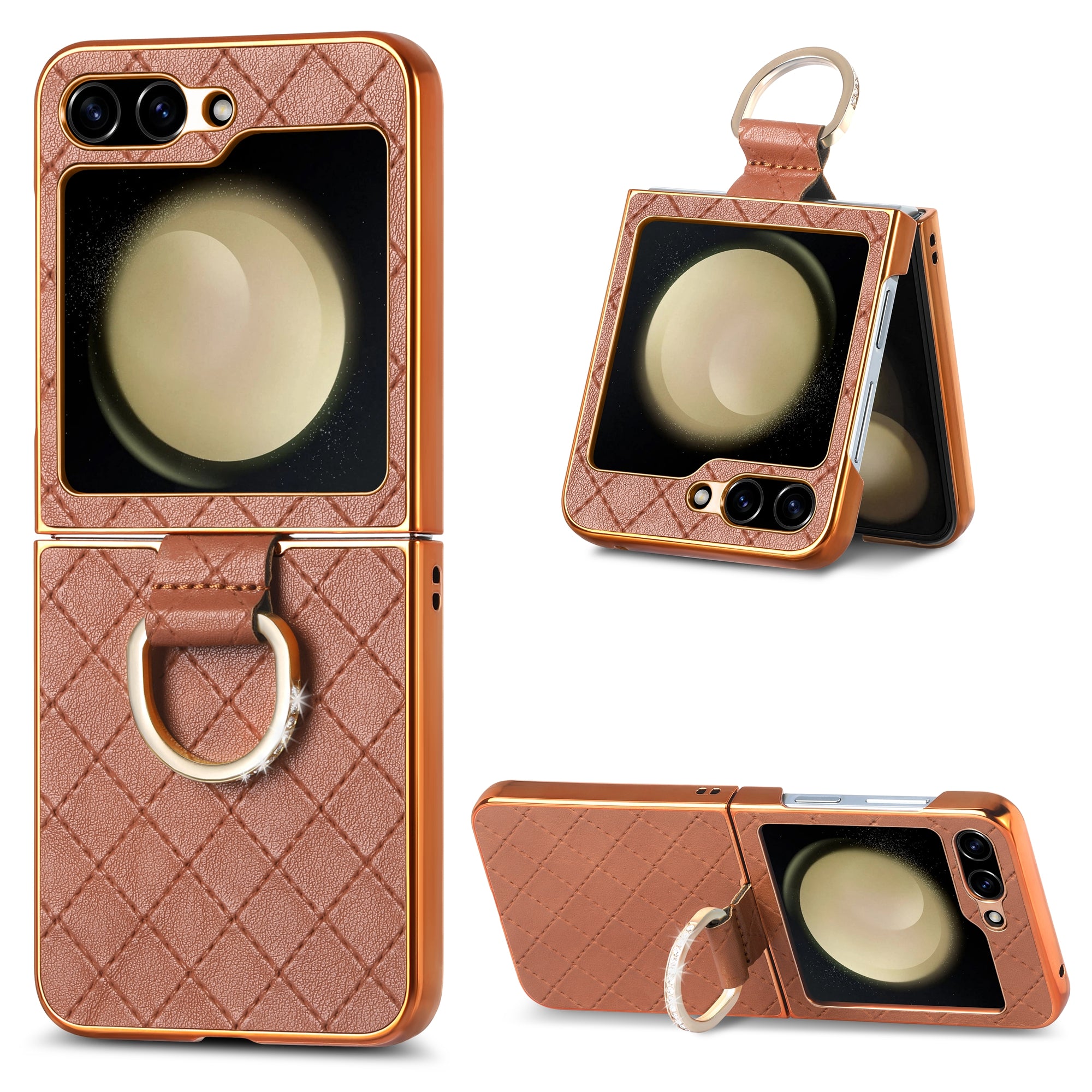 For Samsung Galaxy Z Flip5 5G Electroplating Phone Case Rhombus Imprinted PU PC Rhinestone Decoration Kickstand Cover