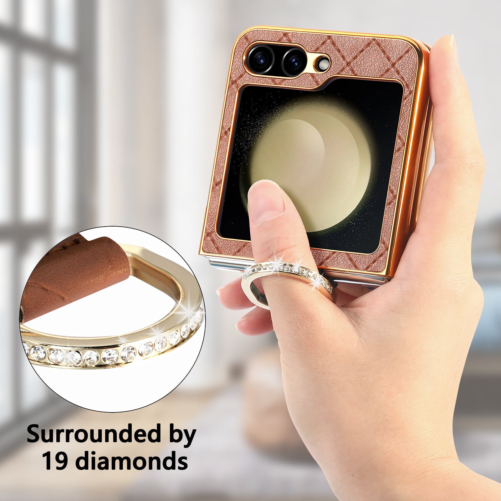 For Samsung Galaxy Z Flip5 5G Electroplating Phone Case Rhombus Imprinted PU PC Rhinestone Decoration Kickstand Cover