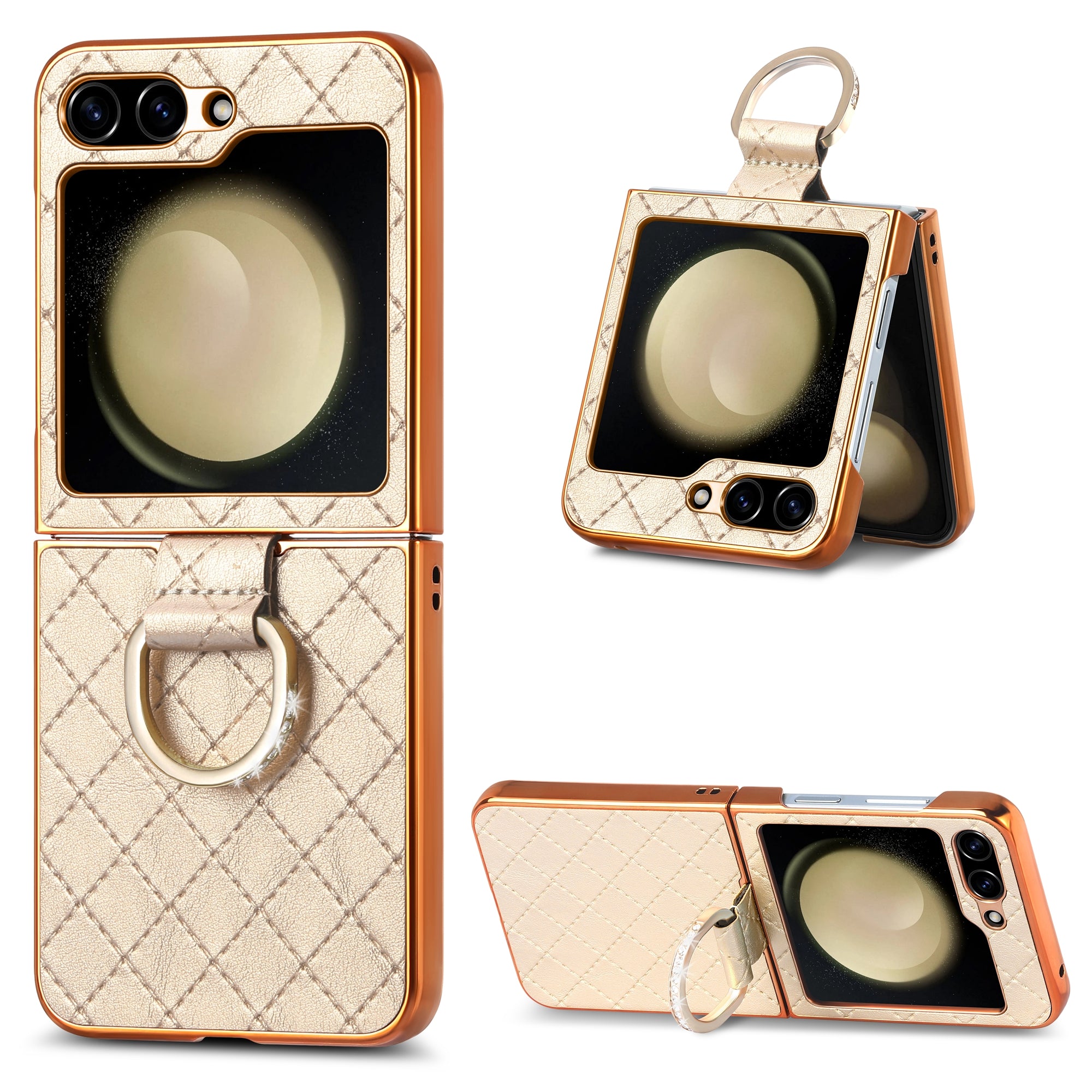 For Samsung Galaxy Z Flip5 5G Electroplating Phone Case Rhombus Imprinted PU PC Rhinestone Decoration Kickstand Cover