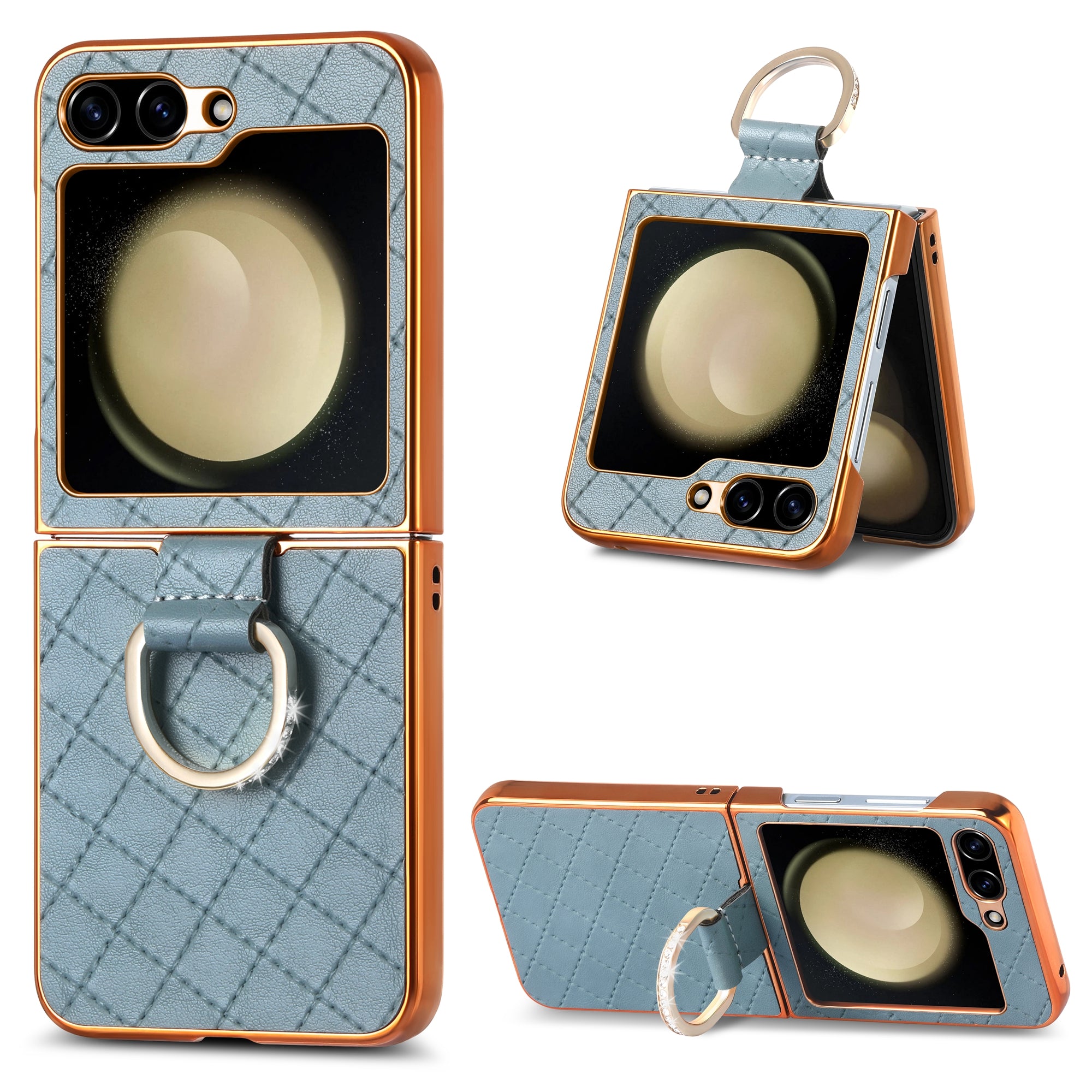 For Samsung Galaxy Z Flip5 5G Electroplating Phone Case Rhombus Imprinted PU PC Rhinestone Decoration Kickstand Cover