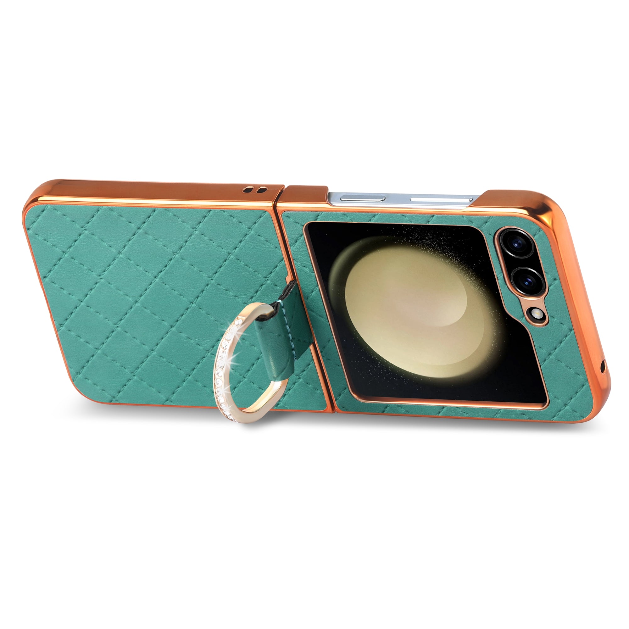 For Samsung Galaxy Z Flip5 5G Electroplating Phone Case Rhombus Imprinted PU PC Rhinestone Decoration Kickstand Cover