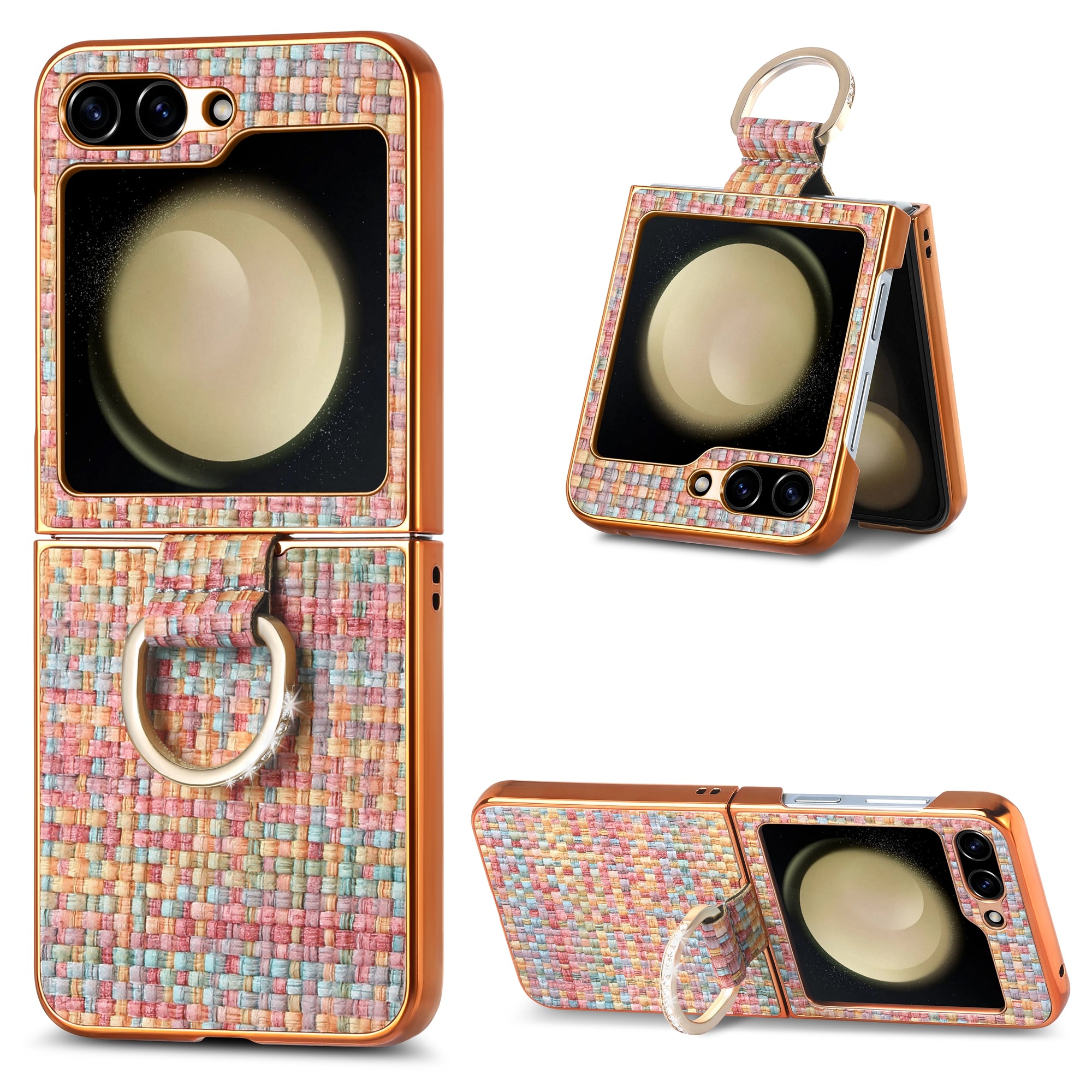 For Samsung Galaxy Z Flip5 5G Electroplating Woven Pattern PU PC Phone Case Rhinestone Decoration Kickstand Cover