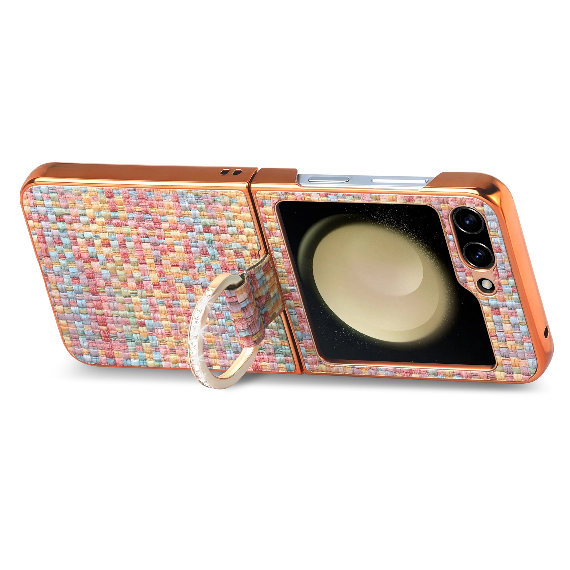 For Samsung Galaxy Z Flip5 5G Electroplating Woven Pattern PU PC Phone Case Rhinestone Decoration Kickstand Cover