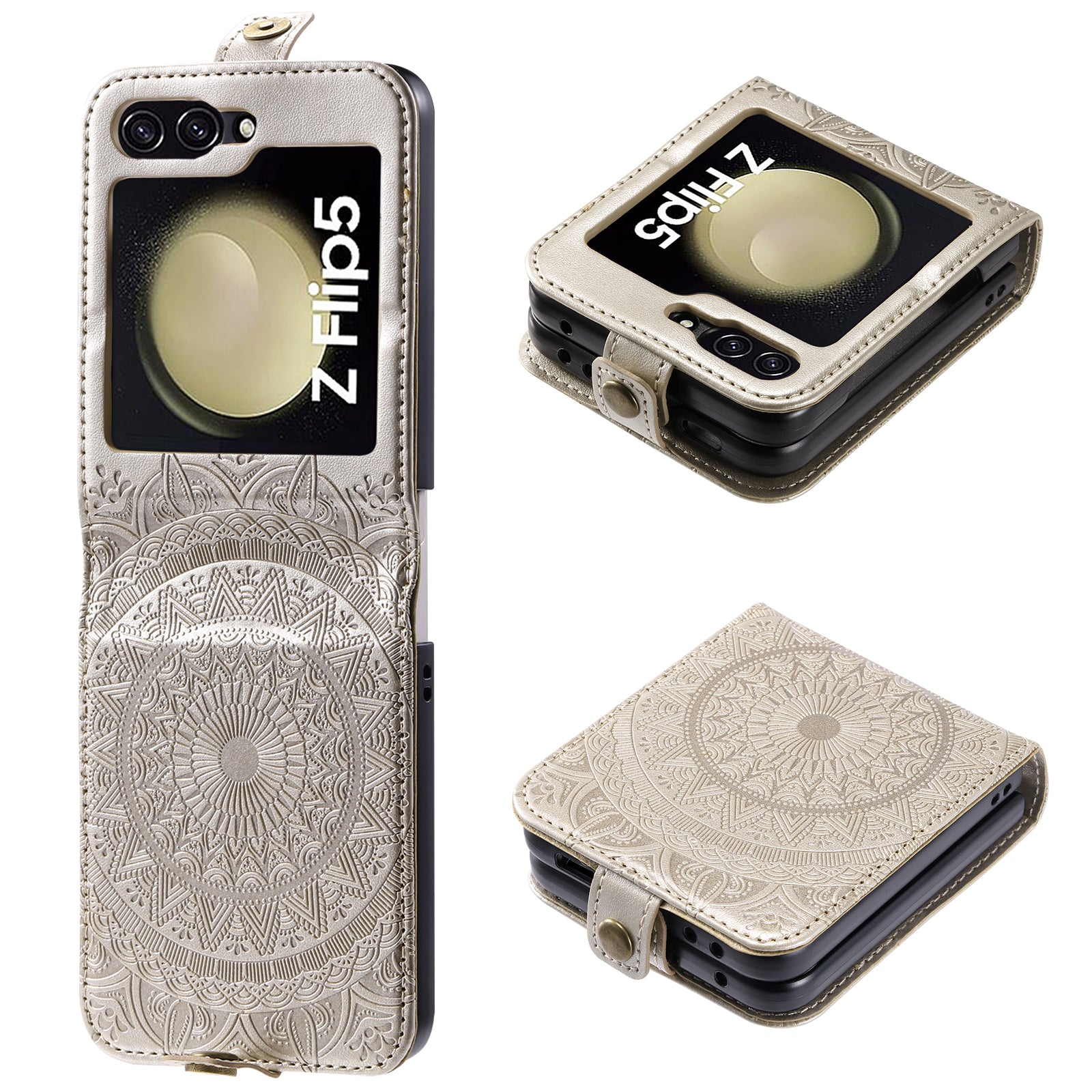 For Samsung Galaxy Z Flip5 5G Card Holder PU Leather Case Mandala Flower Imprinted Folding Cover