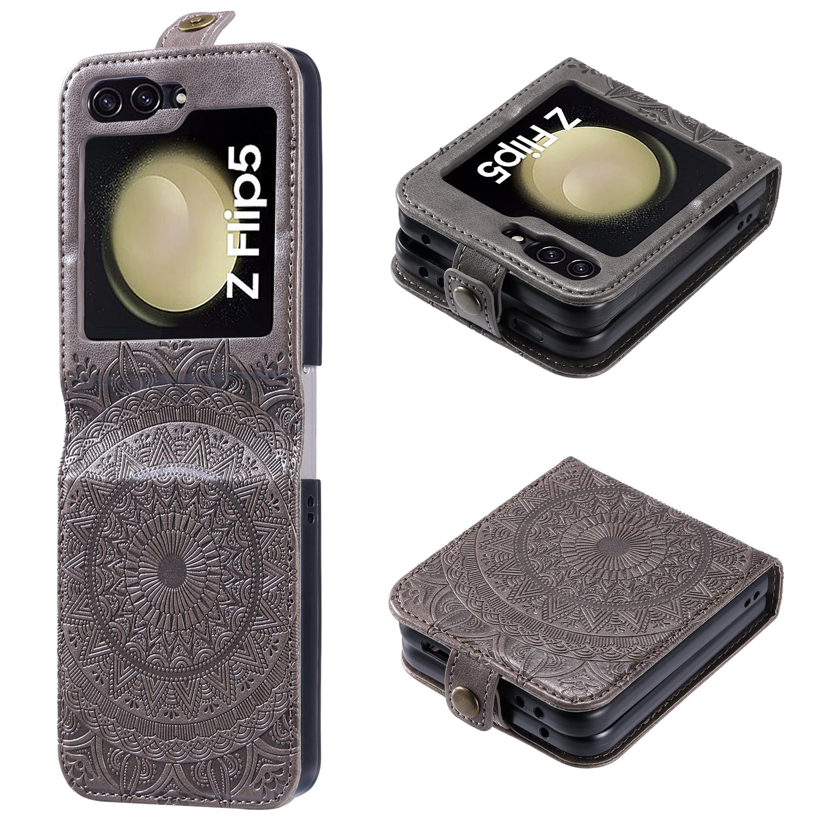 For Samsung Galaxy Z Flip5 5G Card Holder PU Leather Case Mandala Flower Imprinted Folding Cover