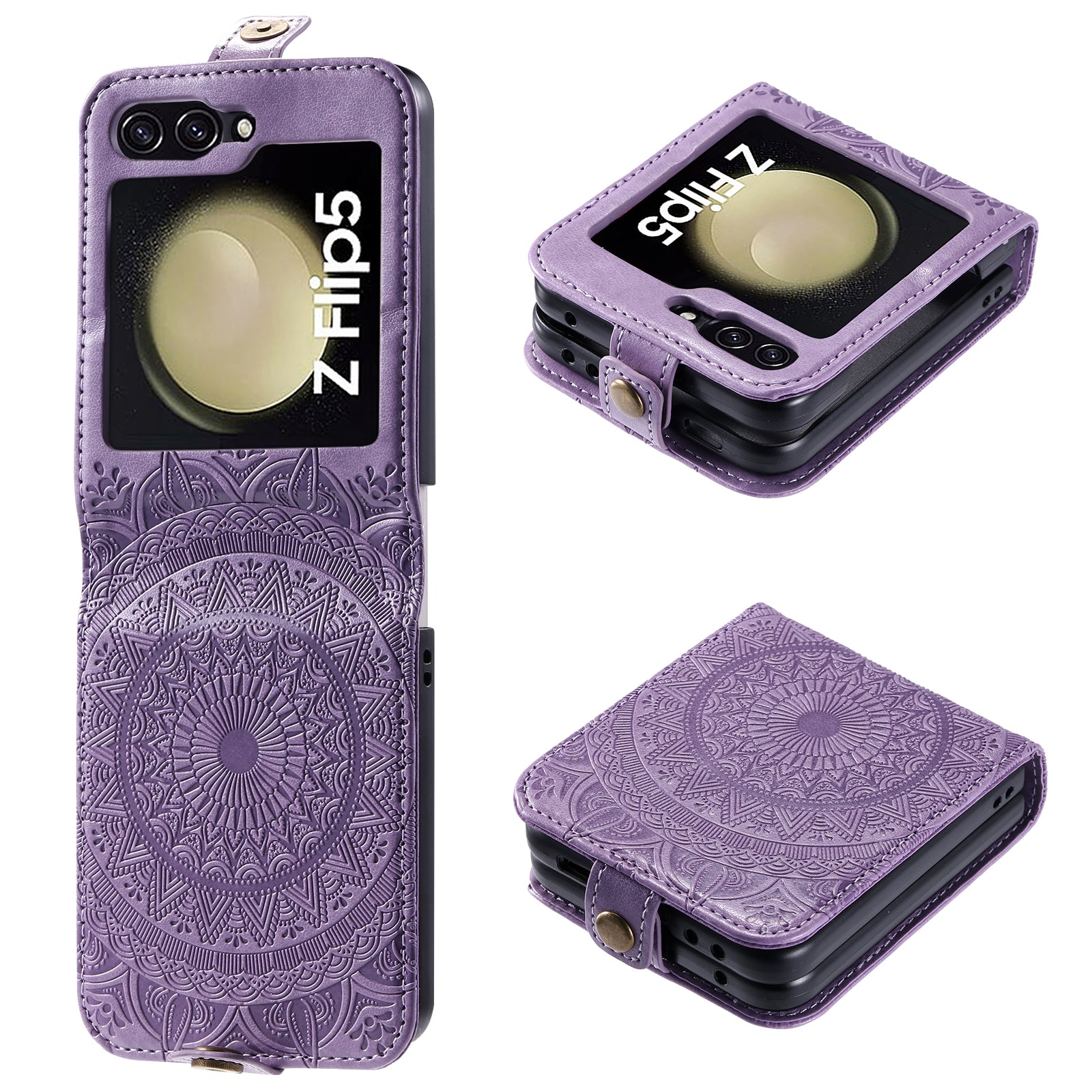 For Samsung Galaxy Z Flip5 5G Card Holder PU Leather Case Mandala Flower Imprinted Folding Cover