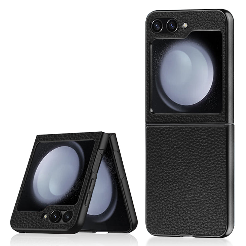 For Samsung Galaxy Z Flip5 5G Litchi Texture Phone Case Genuine Cow Leather Coated PC+TPU Back Cover - Black