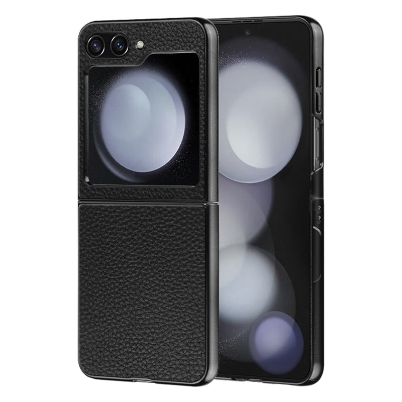For Samsung Galaxy Z Flip5 5G Litchi Texture Phone Case Genuine Cow Leather Coated PC+TPU Back Cover - Black