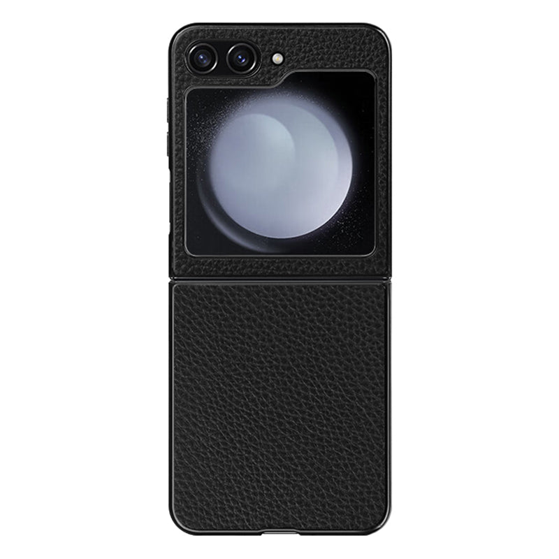For Samsung Galaxy Z Flip5 5G Litchi Texture Phone Case Genuine Cow Leather Coated PC+TPU Back Cover - Black