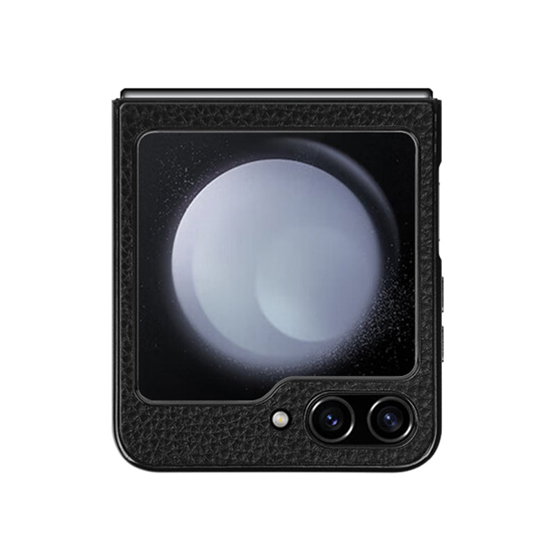 For Samsung Galaxy Z Flip5 5G Litchi Texture Phone Case Genuine Cow Leather Coated PC+TPU Back Cover - Black