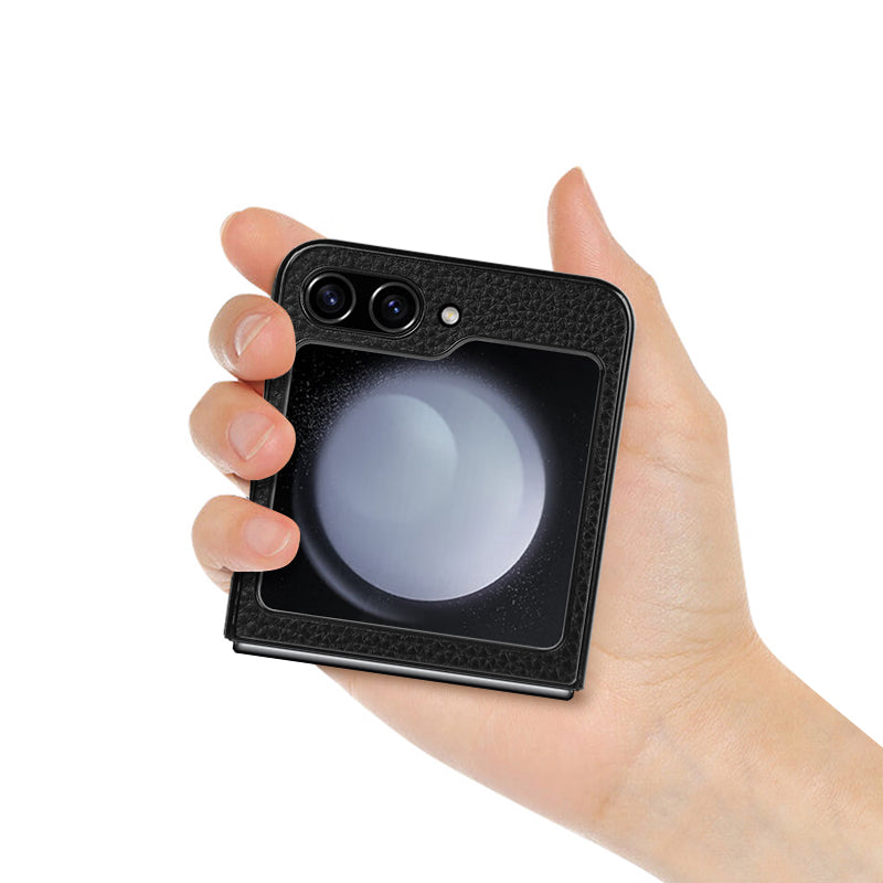 For Samsung Galaxy Z Flip5 5G Litchi Texture Phone Case Genuine Cow Leather Coated PC+TPU Back Cover - Black