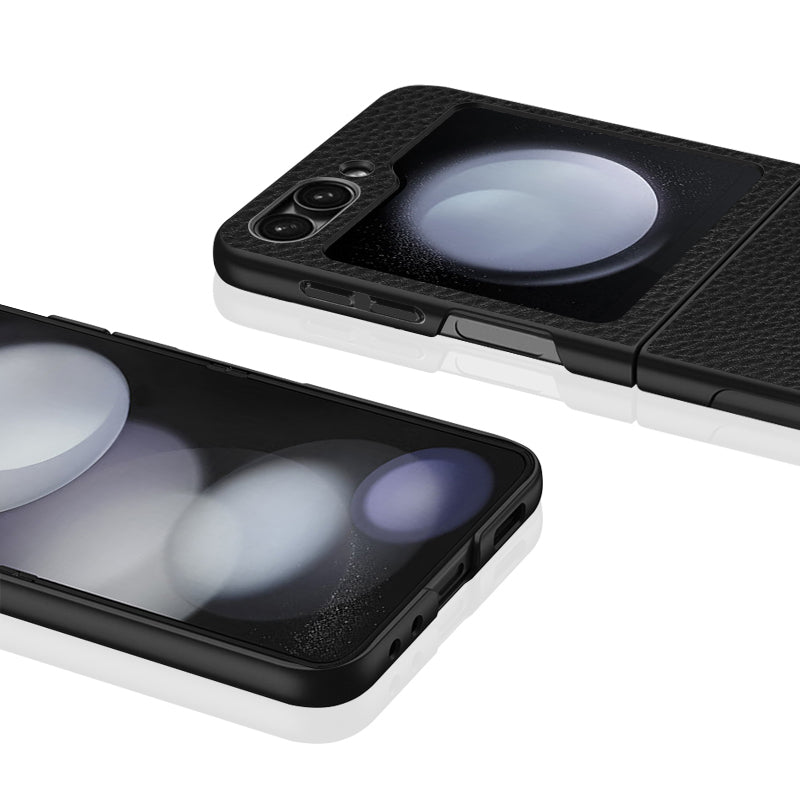 For Samsung Galaxy Z Flip5 5G Litchi Texture Phone Case Genuine Cow Leather Coated PC+TPU Back Cover - Black