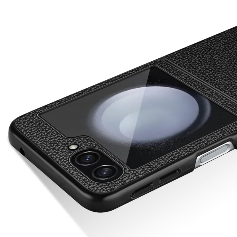 For Samsung Galaxy Z Flip5 5G Litchi Texture Phone Case Genuine Cow Leather Coated PC+TPU Back Cover - Black