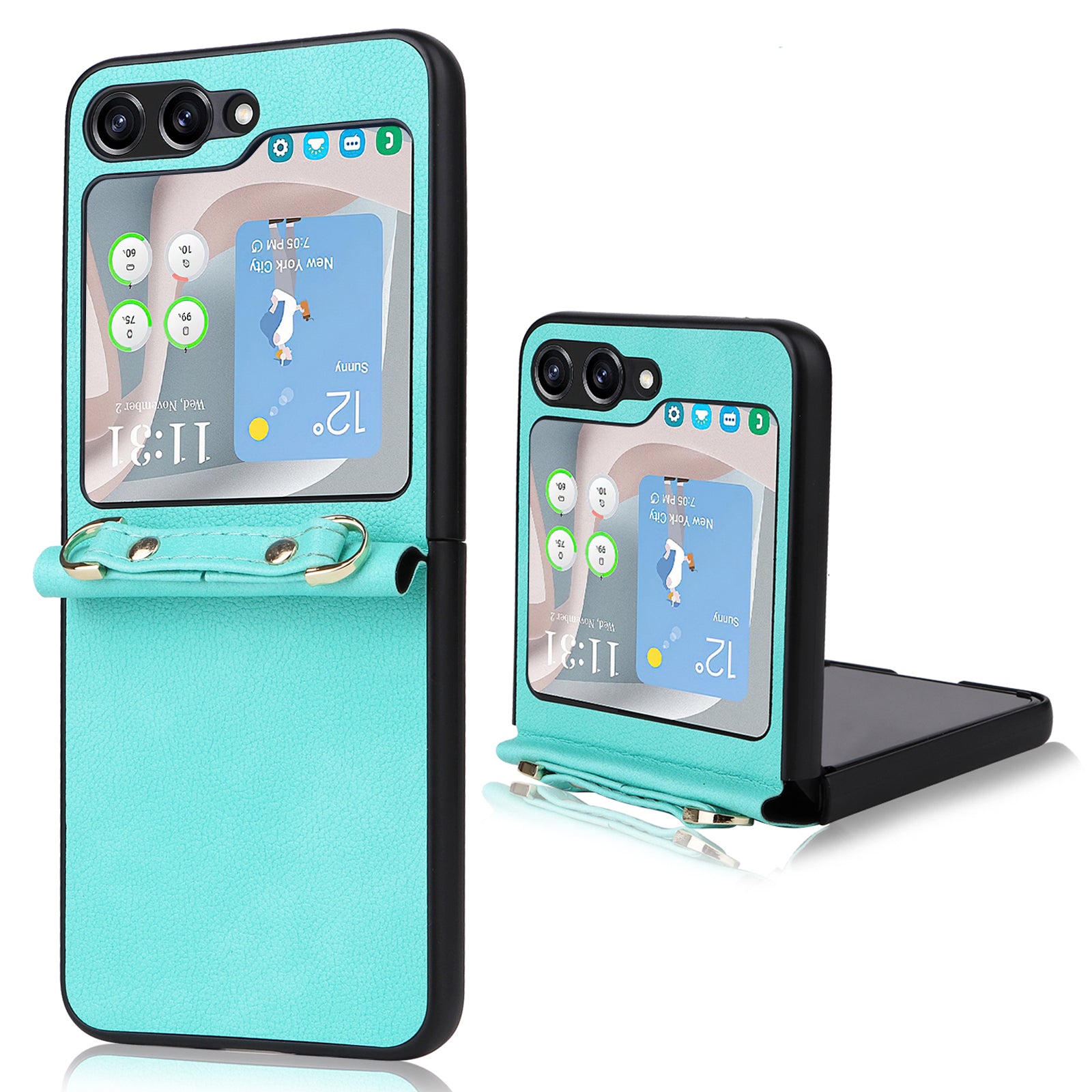 For Samsung Galaxy Z Flip5 5G One-Piece PU PC Phone Case Cell Phone Protective Cover with Long Strap