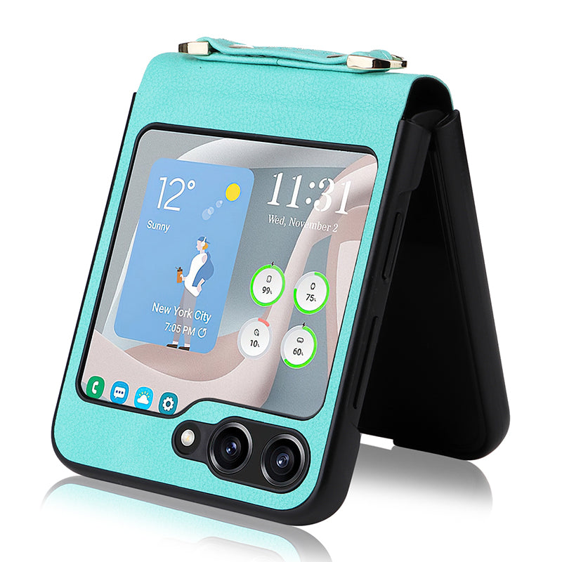 For Samsung Galaxy Z Flip5 5G One-Piece PU PC Phone Case Cell Phone Protective Cover with Long Strap
