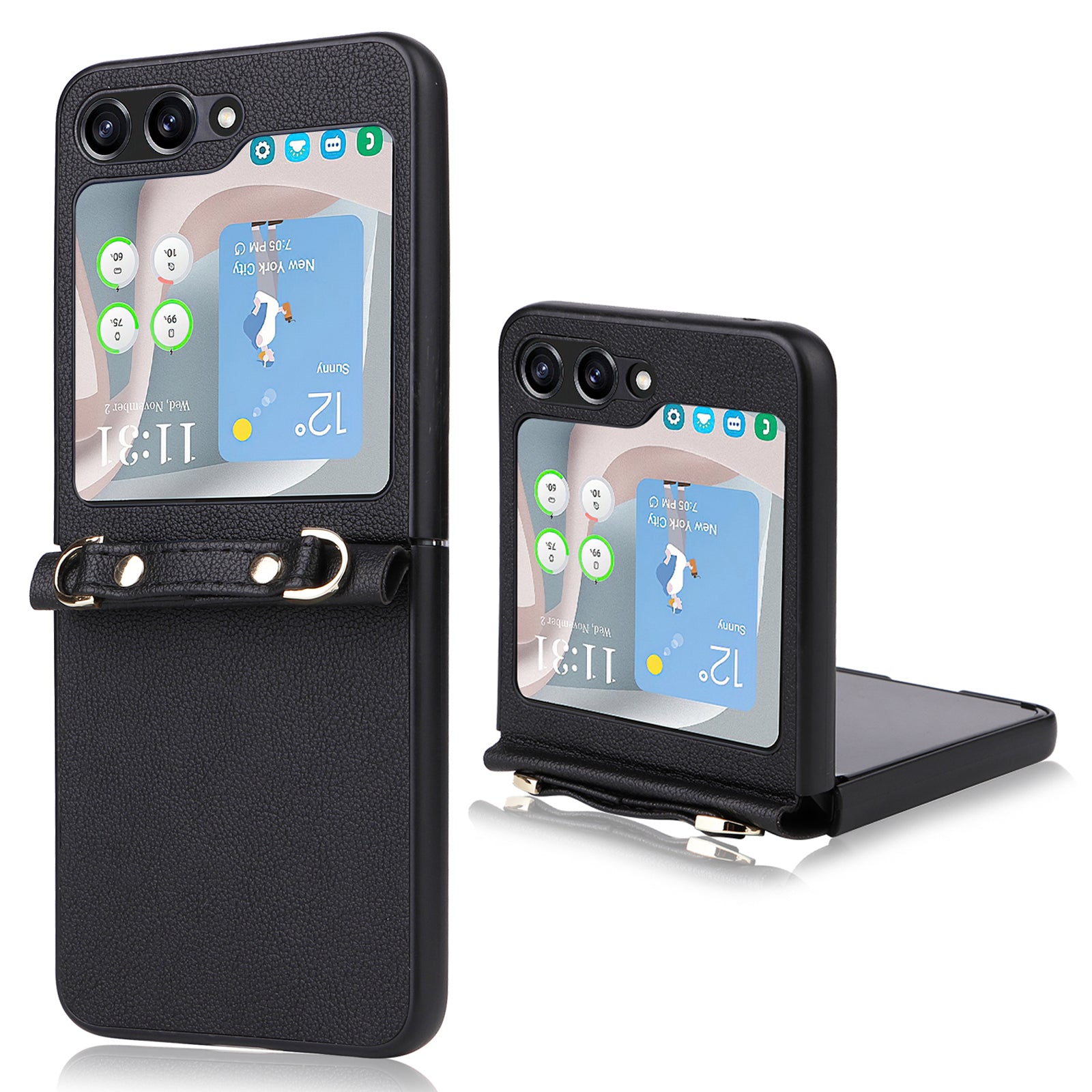 For Samsung Galaxy Z Flip5 5G One-Piece PU PC Phone Case Cell Phone Protective Cover with Long Strap