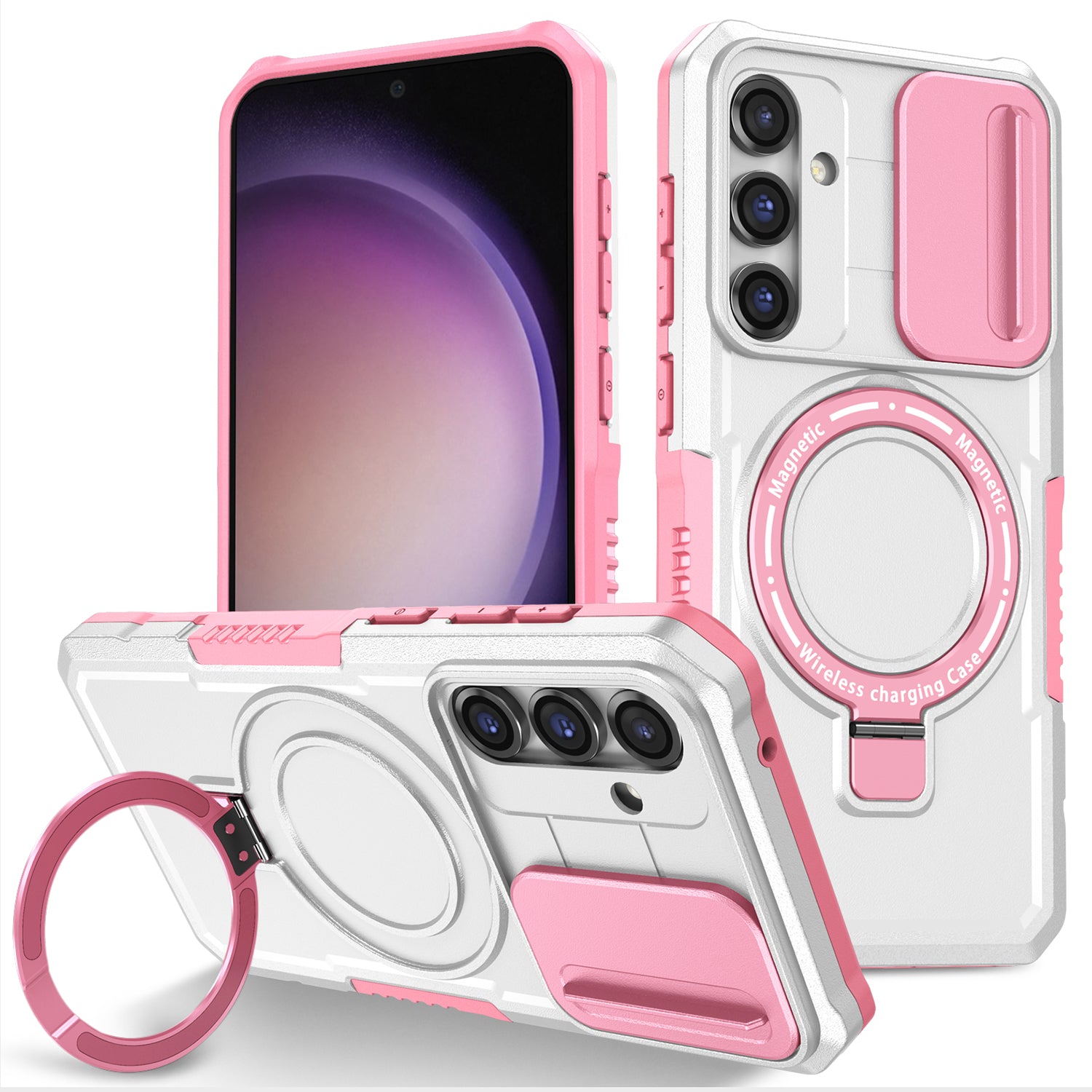Compatible with MagSafe PC TPU Case for Samsung Galaxy S23 FE Kickstand Anti-Drop Phone Shell with Sliding Lens Cover
