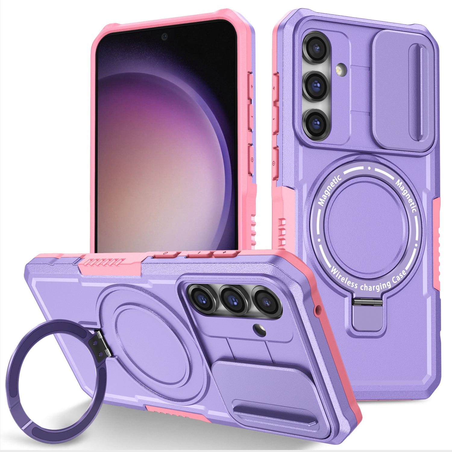 Compatible with MagSafe PC TPU Case for Samsung Galaxy S23 FE Kickstand Anti-Drop Phone Shell with Sliding Lens Cover