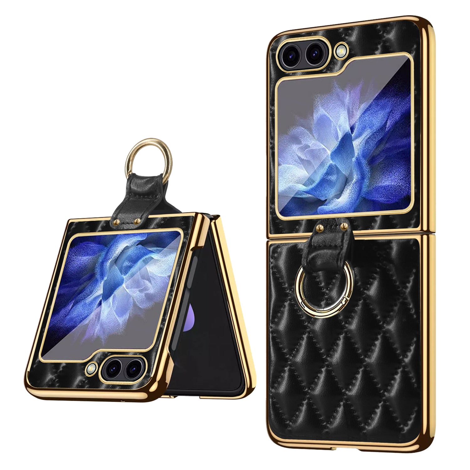 For Samsung Galaxy Z Flip5 5G PU Leather Coated PC Phone Case Ring Kickstand Cover with Tempered Glass Film
