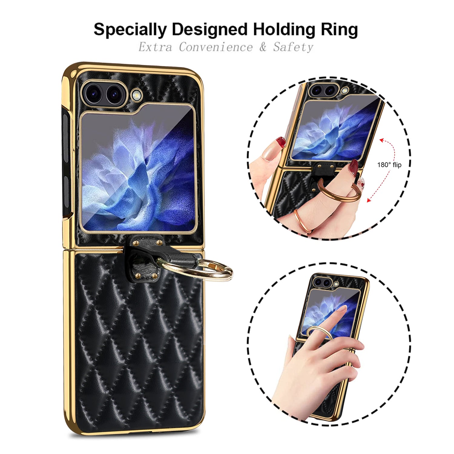 For Samsung Galaxy Z Flip5 5G PU Leather Coated PC Phone Case Ring Kickstand Cover with Tempered Glass Film